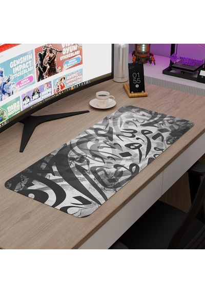 Kaligrafi Dikişli Kenar Oyuncu Gaming Mouse Pad Kauçuk Kaymaz Taban Mousepad Siyah, 70x30 Xl