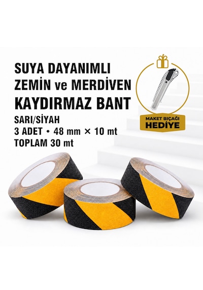 Suya Dayanımlı Sarı / Siyah Kaydırmaz Bant 48 Mm X 10 Mt 3 Lü Set Maket Bıçağı Hediyeli