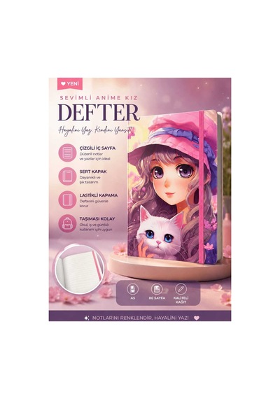 Sevimli Anime Kedili Kız Tasarımlı Sert Kapak Defter A5 Çizgili 80 Sayfa Lastikli Pembe Pembe
