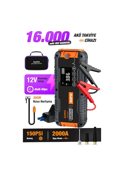 Auhma A9955 16000mah Araç Akü Takviye Cihazı Ve Hava Kompresörü 150 Psı Dijital Şarjlı Oto Lastik