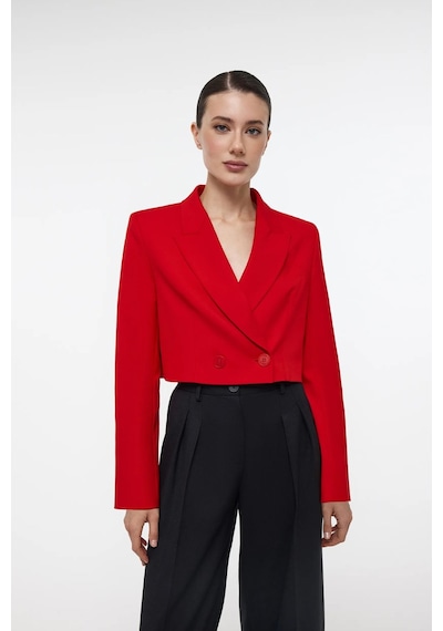 Saade Sââde Kadın Regular Fit Kruvaze Kapama Dokuma Crop Blazer Ceket -şık & Spor Kırmızı