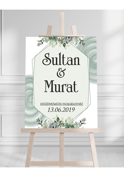 Söz Nişan Düğün İçin 50x70 Karşılama Panosu - Yeşil Çiçek Tasarımlı 005 Beyaz
