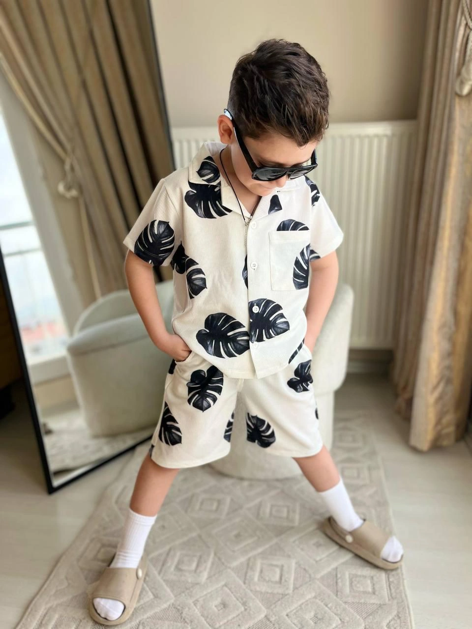 Cg Kids Yaprak Desenli Ince Lacoste Kumaş Erkek Çocuk Alt Üst Tak Beyaz