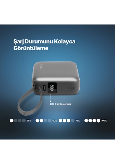 Ttec Recharger Mini LCD 10.000 mAh PD 20W USB-C Ve Lightning Dahili Kablolu Taşınabilir Hızlı Şarj