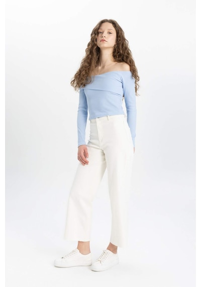 Defacto Culotte Yüksek Bel Paça Ucu Kesik Crop Jean Pantolon B5012AX24SM Ekru