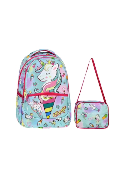 Yeşil Magic Unicorn Figürlü Kız İlkokul Sırt Çantası + Beslenme Çantası 2305 Açık Mor