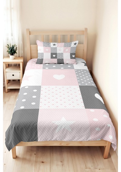 Evimde Bambaşka Kalp Ve Puanlı Pembe Kız Çocuk Pike Takımı-patchwork Gri Pastel Bebek Odası Yatak Örtüsü-160x220  CM