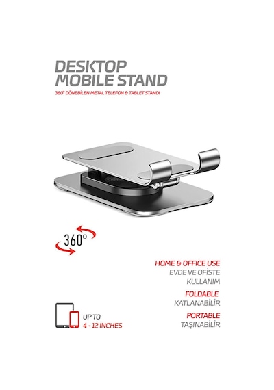 Powerway Dms33 360 Derece Dönebilen Full Metal Katlanabilir Masaüstü Telefon Standı Metal Gri