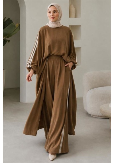 Neşeli Butik Kadın Camel Şerit Detaylı Oversize Tunik Pantolon İkili Tesettür Takım Nms102