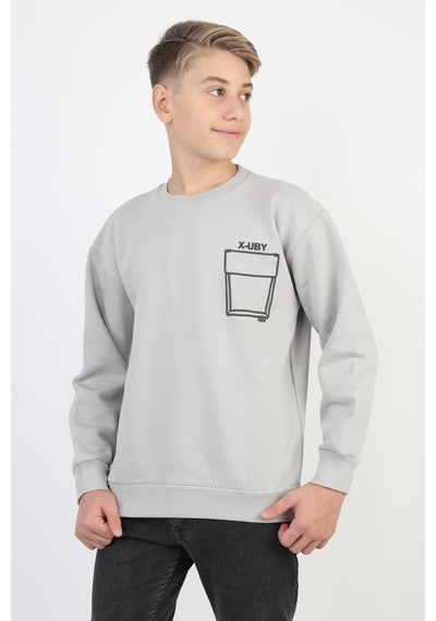 Baskı Detaylı Bisiklet Yaka Erkek Çocuk Sweatshirt-90910 Gri