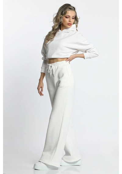 Gugus Kadın Trend Bol Paça Modal Kumaş Eşofman Altı Çift Cepli Wide Leg KREM