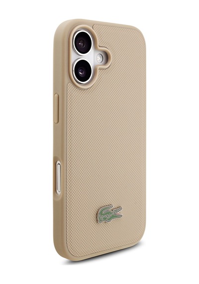 Apple Uyumlu iPhone 17 Kılıf Lacoste Lisanslı M-safe Özellikli Pu Pike Desenli Metal Logolu Kartlıklı Kapak Bej Bej