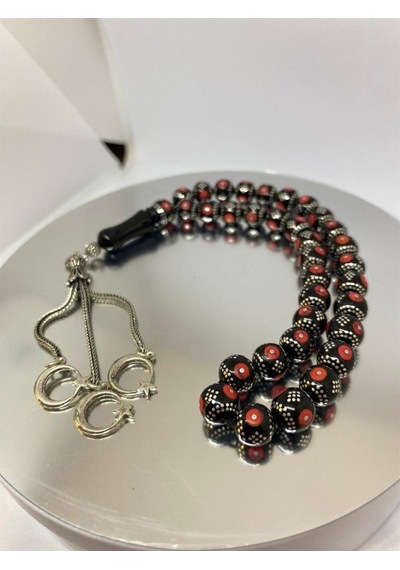 Tesbih Tsbh0028ah 925 Ayar Gümüş Püsküllü Gümüş-mercan İşlemeli Küre Kesim Usta El İşçilikli Erzurum Oltu Tesbih