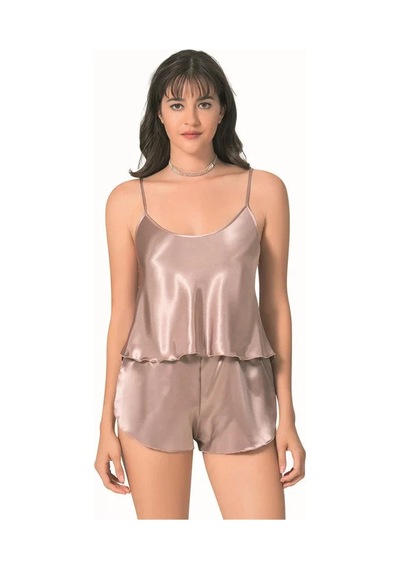 Veraura Lifestyle Kadın Şık Tasarım Yumuşak Dokulu Vizon Saten Babydoll Şort Takımı