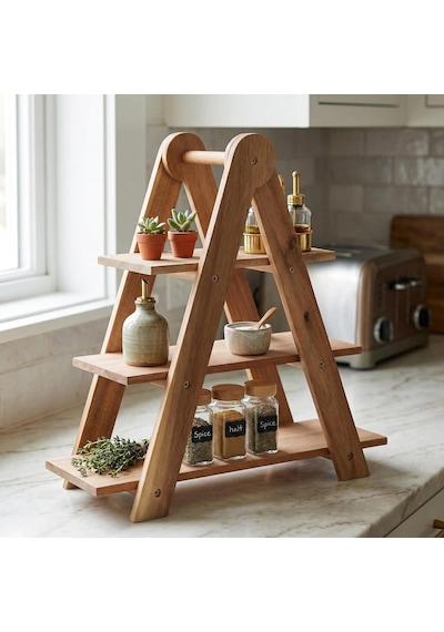 Doğal Akasya Ahşap 3 Katlı Sunum Standı - 37x12.3x37.5 Cm Çok Amaçlı Katlı Servis Tepsisi, Kurabiyelik Ve Peynir Sunumluğu Çok Renkli