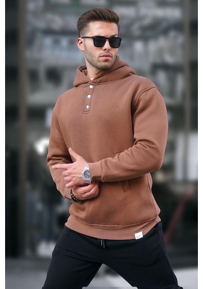 Madmext Kahverengi Kapüşonlu Düğme Detaylı Sweatshirt 6150-kahverengi Kahverengi