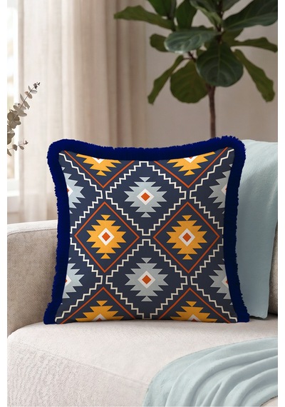 Etnik Kilim Saçaklı Yastık Kılıfı - Geometrik Navajo Retro Turuncu Lacivert Püsküllü Kırlent Kılıfı Serin Lagün Saten Etnik Kilim Saçaklı Yastık Kılıfı - Geometrik Navajo Retro Turuncu Lacivert Püsküllü Kırlent Kılıfı Serin Lagün Saten