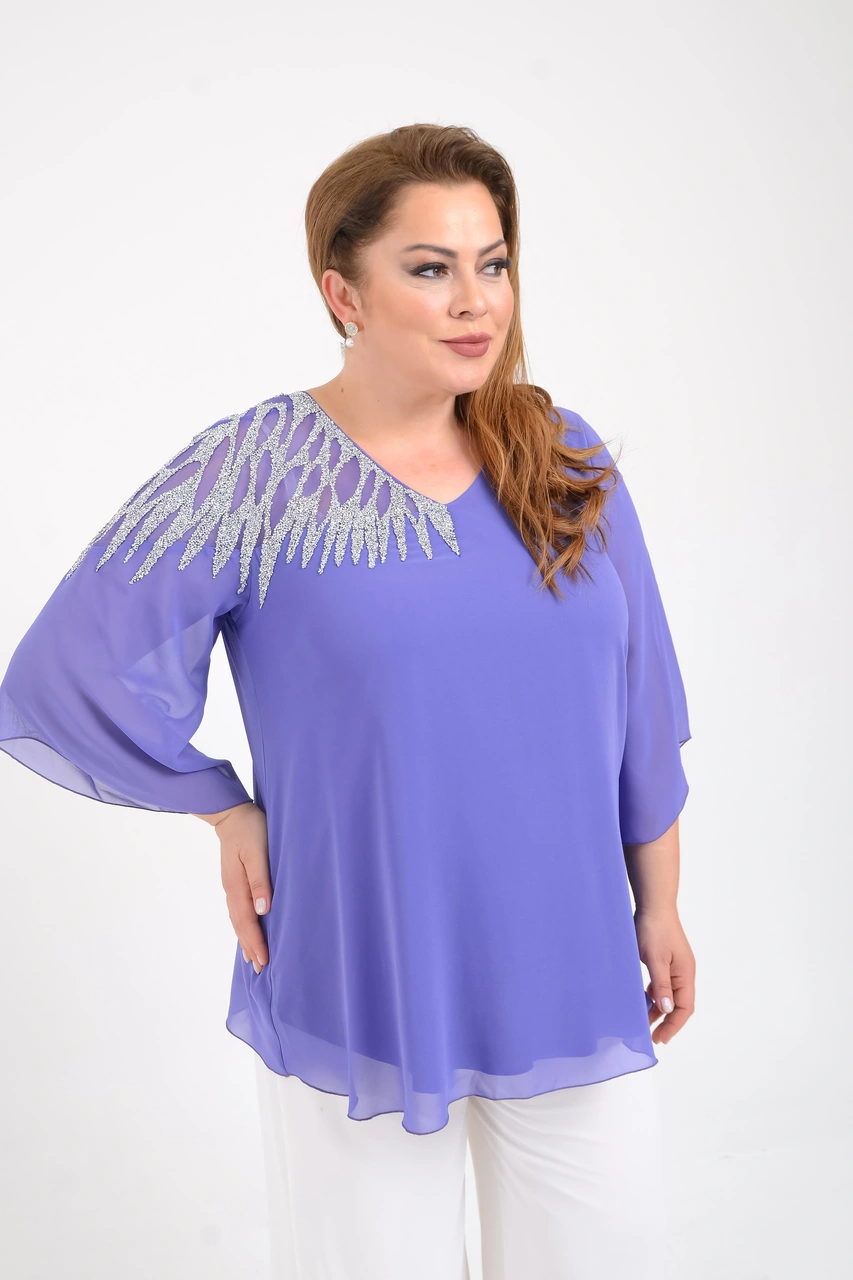 Lilas Xxl Büyük Beden Lila Renkli Şifon V Yaka Abiye Bluz Lila Desen