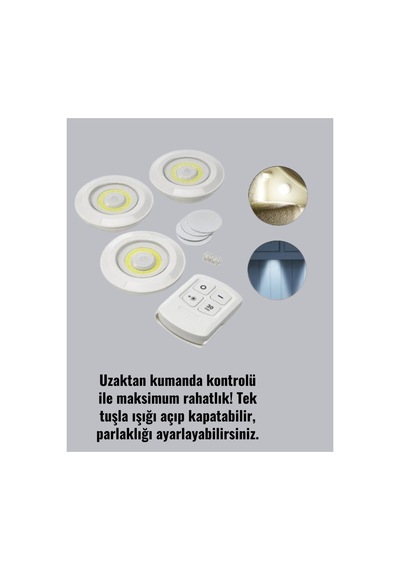 Uzaktan Kumandalı 3 Lü Kablosuz Led Spot Lamba Seti Yapışkanlı Pratik Kullanım Çok Renkli Çok Renkli