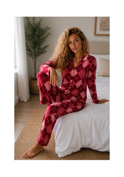 Fit Women Kadın Örme Gömlek Yaka Kırmızı Pijama Takımı