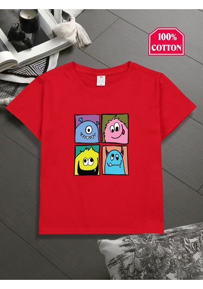 Uyguntarz Çocuk Canavarlar Baskılı Tasarım Tshirt Kırmızı
