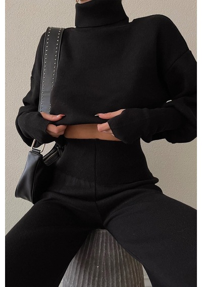 Cıqulata Triko Crop Pantolon Takım Siyah Siyah