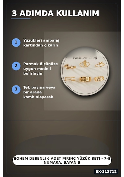 Bohem Desenli 6 Adet Pirinç Yüzük Seti - 7-8 Numara, Bayan Bijuteri Takı Bx-313712 Çok Renkli