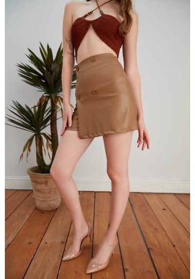 Winmoda34 Deri Şort Etek Taba