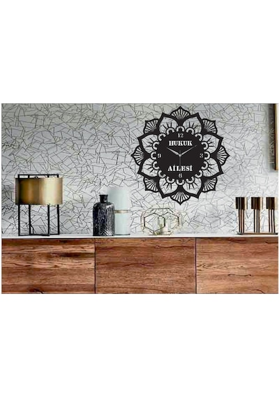 Kişiye Özel Stencil Motif Dekoratif Ahşap Duvar Saati Siyah