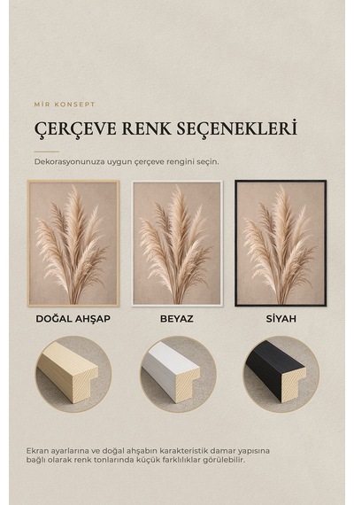 3'lü Ahşap Çerçeveli Mdf Tablo Seti Uv Baskı Krem Çiçek Pampas Bej Salon Duvar Dekoru Renk: Doğal Ahşap
