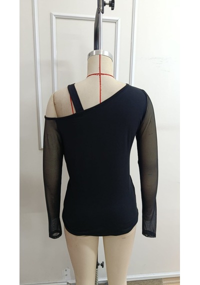 Bhrwear Kadın Uzun Kollu Tek Omuzdan Açık Askılı Tüllü Viskon Bluz Renkli