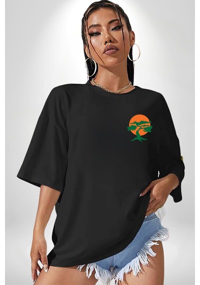 Miyagi-do Karete Çocuk Logo Dizi Bonzai Ağaç Siyah Oversize Unisex Ön Ve Sırt Baskılı Tişört Siyah