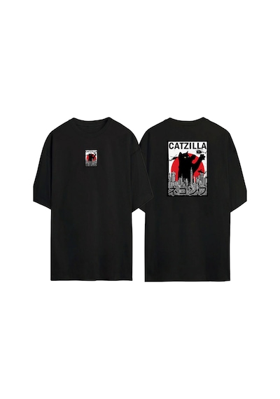 Thewert Unisex Catzilla Ön Arka Baskılı Sıyah Oversize T-shirt Siyah