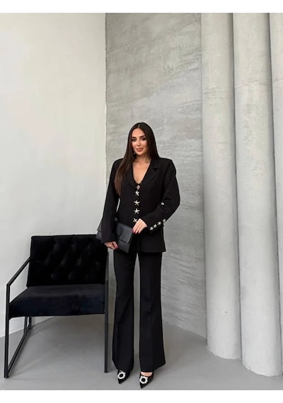 Tane Tasarım Kadın Gold Yıldız Düğmeli Blazer Ceket&flare Pantolon Takımı Siyah Siyah