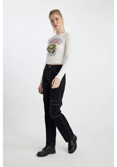 DeFacto Coool Straight Fit Gabardin Pantolon Kargo Cepli Yüksek Bel B0458AX23AUBK27 Siyah