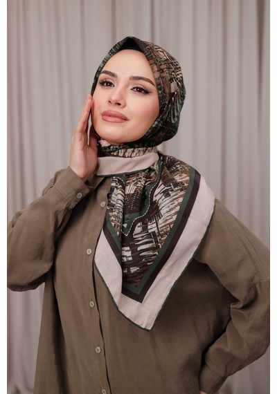 Mimiyum İz Desen Soft Eşarp Yeşil Bej Çok Renkli