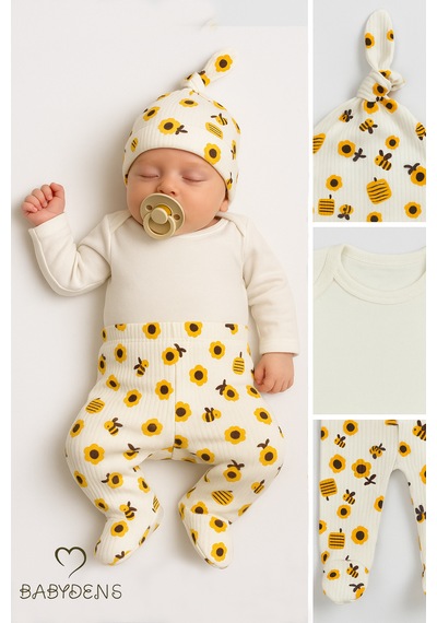 Babyden's Babydens Yenidoğan Bebek Hastane Çıkışı Seti 3'lü Pamuklu Zıbın Takımı Patikli Alt, Şapka, Arı Desenli Unisex Bebek Takımı Ekru
