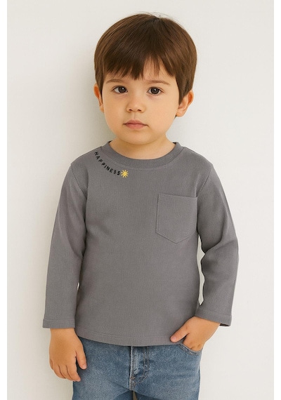 Luess Unisex Çocuk Happiness Nakışlı Cepli Fitilli Kaşkorse Tişört Antrasit