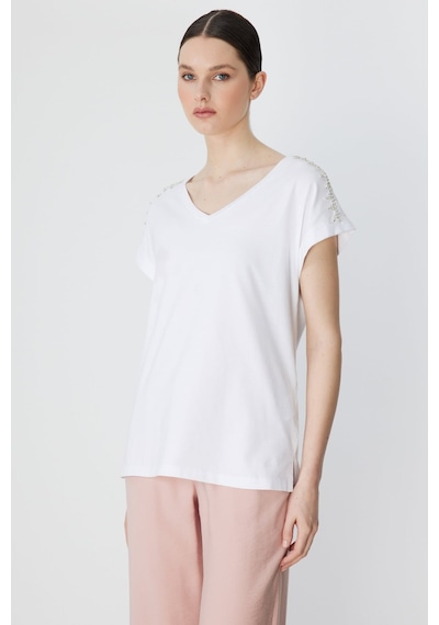 On Kadın Omuzları Taşlı V Yaka Pamuklu T-shirt 71415 Beyaz Beyaz