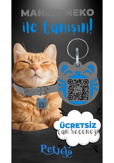 Petjoo 4.Maneki Neko Mavi-Gri Qr'lı Kedi Künyesi