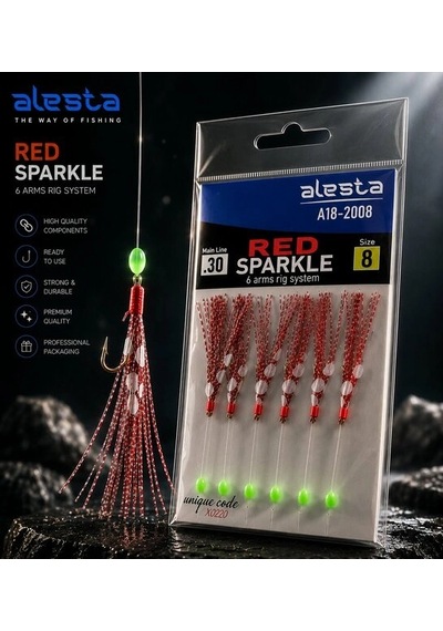 Alesta Red Sparkle Rıg X0225 6 Köstek Hazır Takım 0.30mm No:8 İğne
