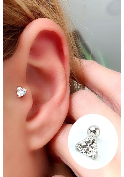 Kalp Şeklinde Zirkon Taş Detaylı 925ayar Gümüş Tragus Helix Kikirdak Piercing Gümüş
