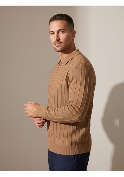 Maccali Erkek Camel Fitil Detaylı Fermuarlı Polo Yaka Triko Sweatshirt