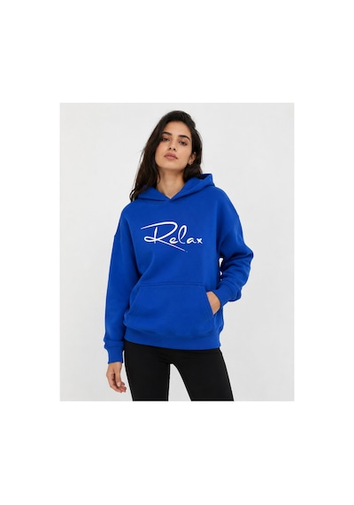 Herkesemoda Relax Baskılı Kapüşonlu 2 İplik Şardonlu Sweatshirt Mavi