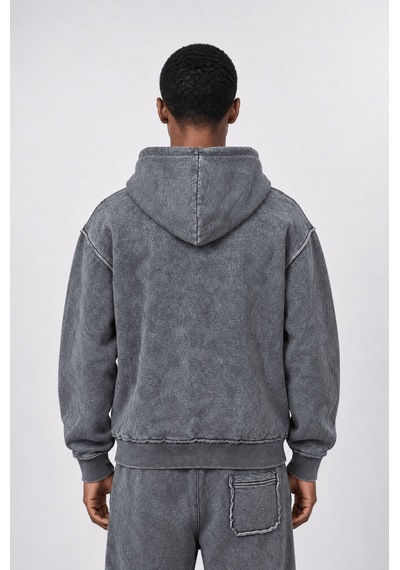 Respire Erkek Pis Dikiş Detaylı Yıkamalı Basic Oversize Hoodie Gri