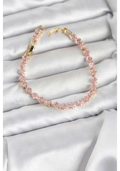 Şık Pembe Zirkon Taşlı Gold Renk Bileklik Kadınlar İçin Çok Renkli