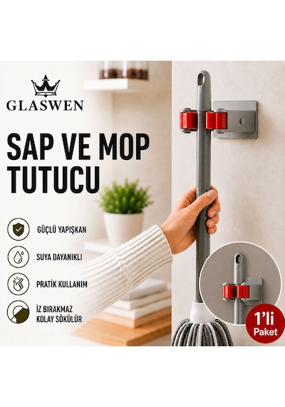 Paspas Süpürge Fırça Ve Mop Askısı Sap Tutucu Mutfak Banyo Askı Yapışkanlı Düzenleyici Askılık Gri