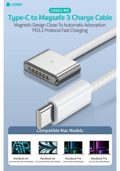 Delux Serisi Coteci Apple MacBook Uyumlu Type-c To Magsafe 3 Hızlı Şarj Kablosu Kolaylık Pratik Masa
