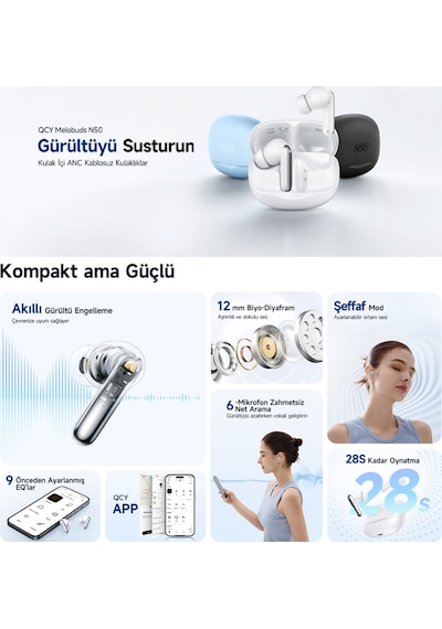 Qcy Melobuds N50 ANC HT12 Bluetooth 5.4 6 Mikrofonlu Kulak İçi Kulaklık
