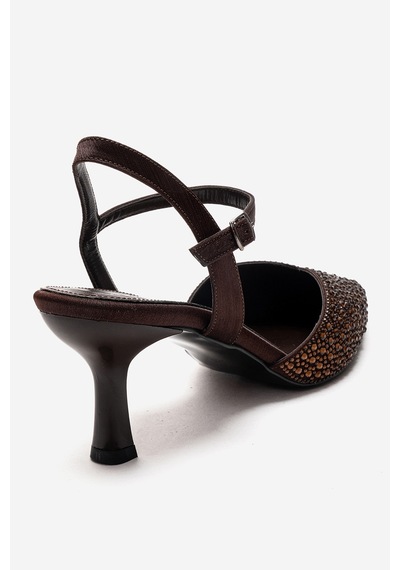 Luvishoes Vilka Kahverengi Saten Taşlı Kadın Sivri Burun İnce Topuklu Abiye Ayakkabı